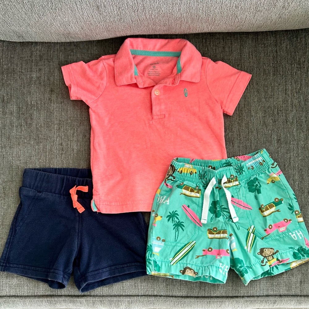 Carter’s 18m Summer Polo & Shorts Set in Teal, Peach, Surfboard, Palm Trees